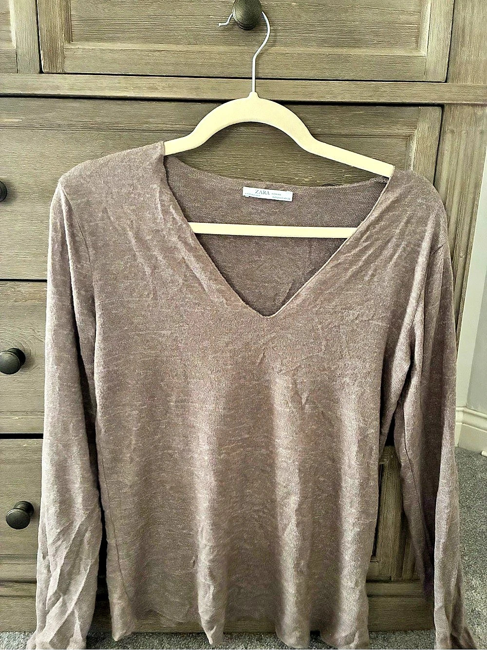 Zara Women's Brown V-Neck Long Sleeve Top